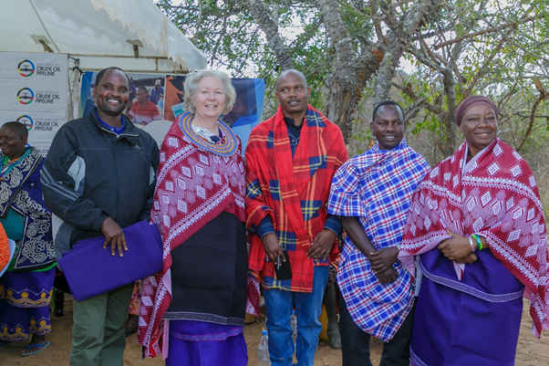 From left Saitoti Parmelo, Wendy Brown, Dr. Elifuraha Laltaika, Bariki Lelya, EACOP Social Lead Fatuma Msummi after receiving gifts from the Akie Community as an appreciation of the work done by the EACOP project to respect of their cultural and spiritual values.